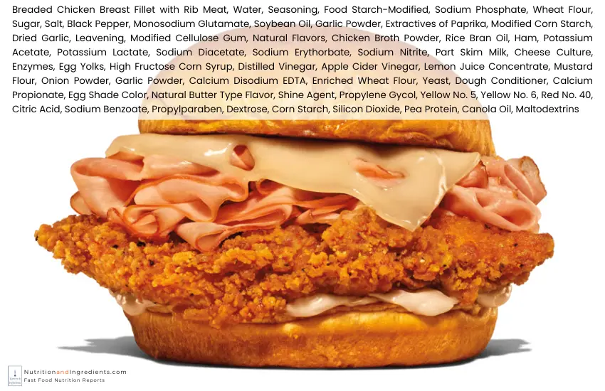 Arby's fried chicken, ham & cheese sandwich with text list of ingredients.