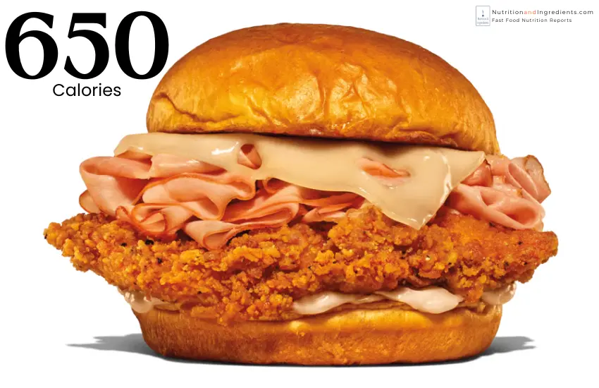 Arby's Chicken Cordon Bleu sandwich with text "650 calories."