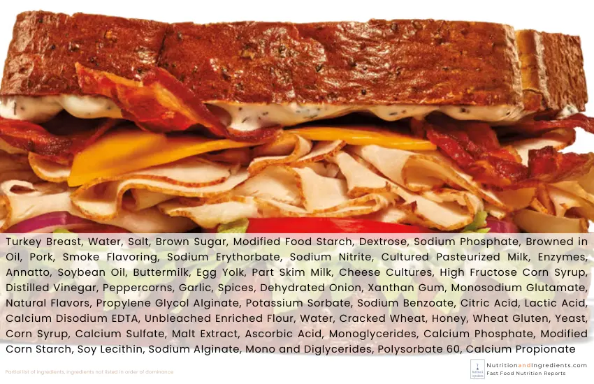 Arby's Turkey Ranch Bacon sandwich with text list of ingredients