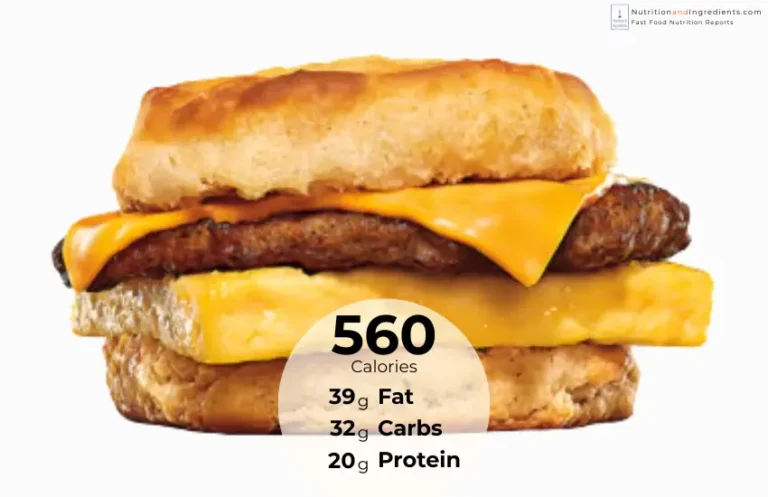 Burger King's biscuit sandwich made with sausage, egg, and cheese with text list of calories and nutrients.