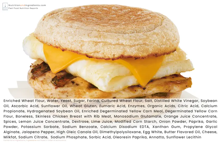 Chick-fil-A grilled chicken and egg white sandwich with text list of ingredients.