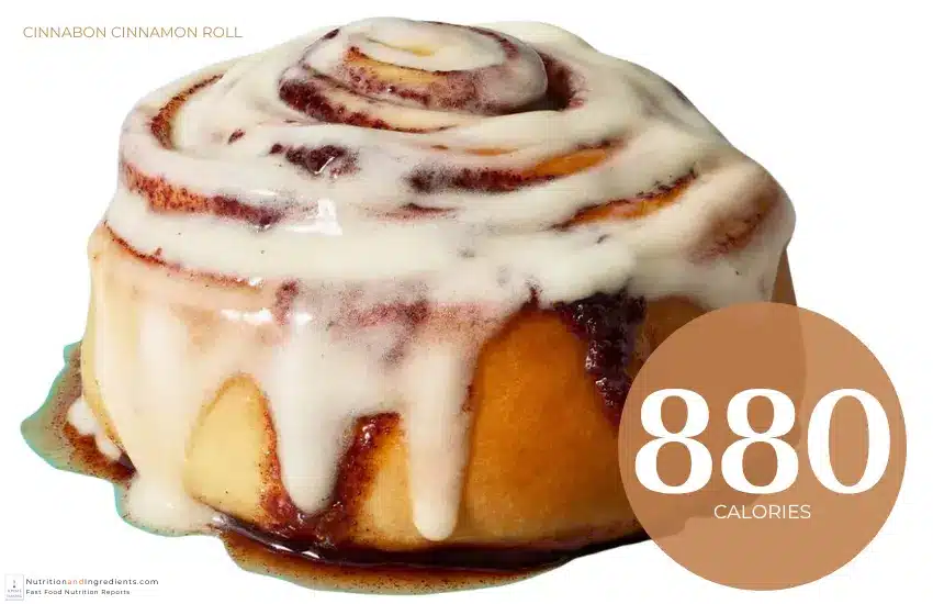 Cinnabon Cinnamon Roll and text "880 calories."