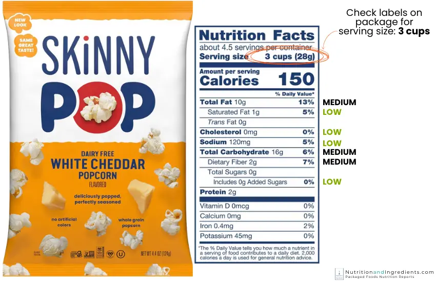 Bag of Cheddar Skinnypop popcorn with nutrition facts label.