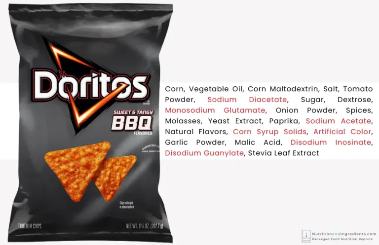 Bag of Doritos BBQ flavored chips with text list of ingredients.