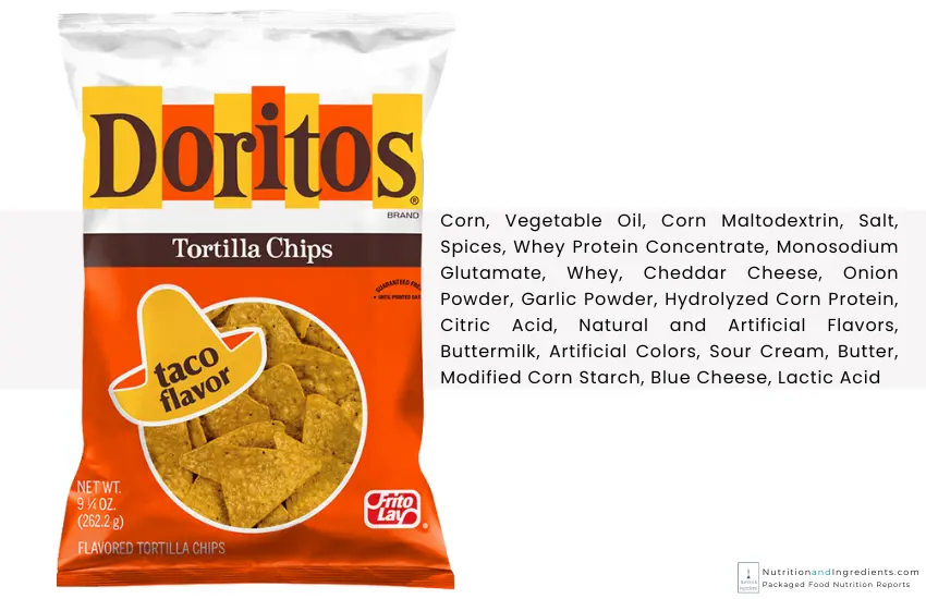 Bag of Doritos Taco flavored chips with text list of ingredients.