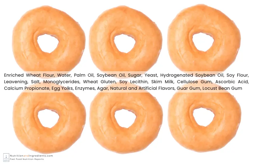 Krispy Kreme glazed donut with text list of ingredients.