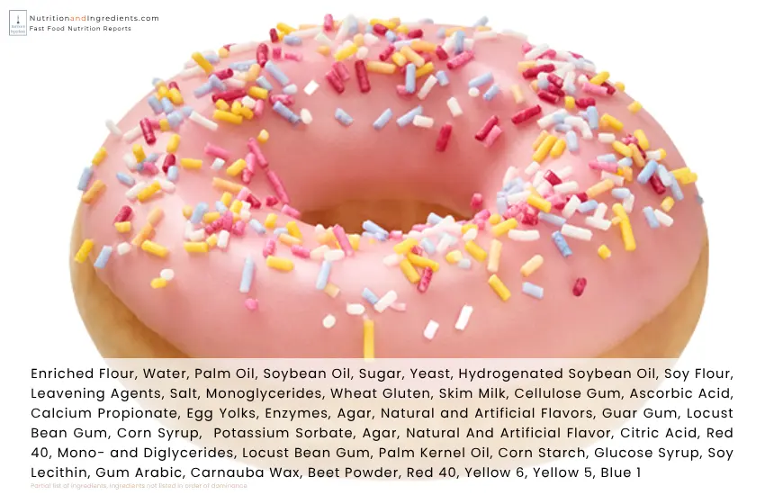 Krispy Kreme glazed doughnut with strawberry icing and sprinkles with text list of ingredients