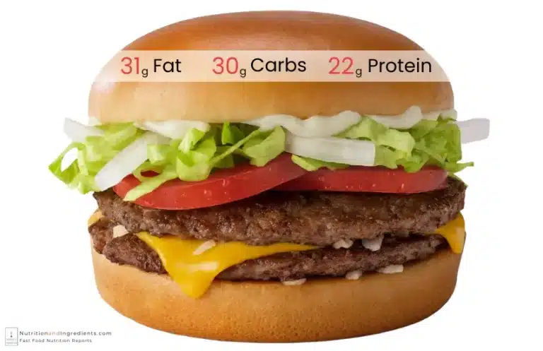 McDonald's double patty cheeseburger with text list of nutrients.