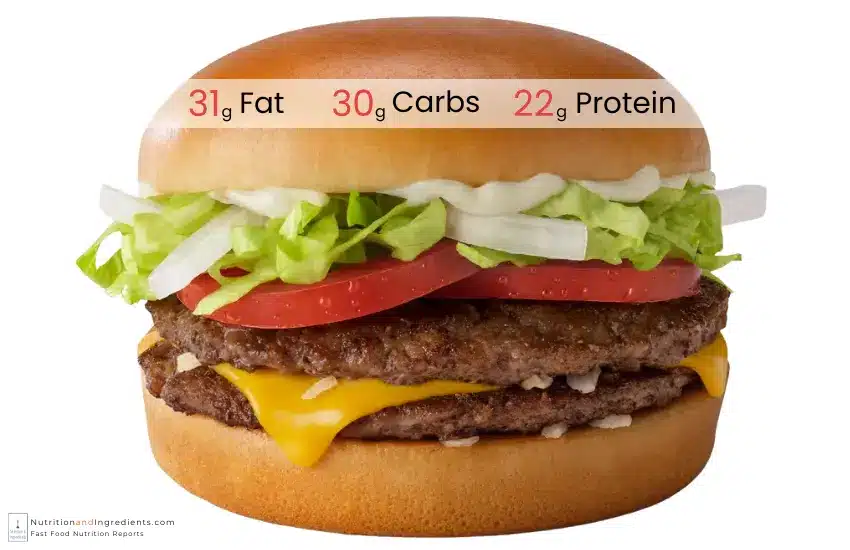 McDonald's double patty cheeseburger with text list of nutrients.