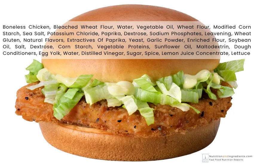 McDonald's McChicken sandwich with text list of ingredients.