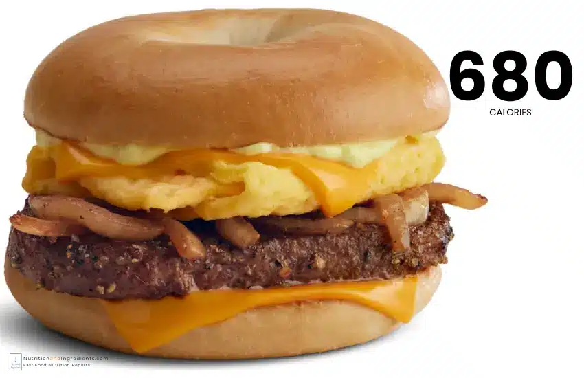 McDonald's Steak, Egg, & Cheese Bagel with text "680 calories."