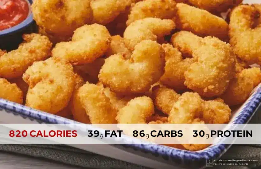 Plate of popcorn shrimp from Red Lobster with text list "820 calories."