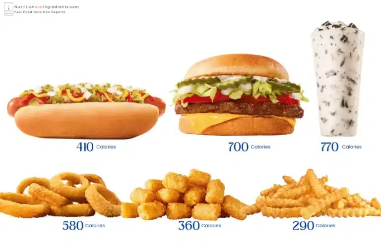 Sonic hot dog, burger, frozen treat, and side dishes with list of calories for each item.