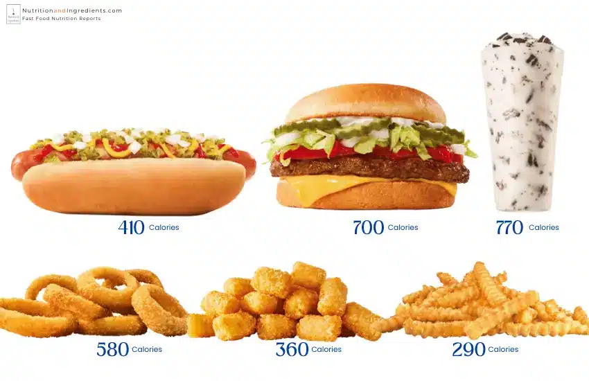 Sonic hot dog, burger, frozen treat, and side dishes with list of calories for each item.