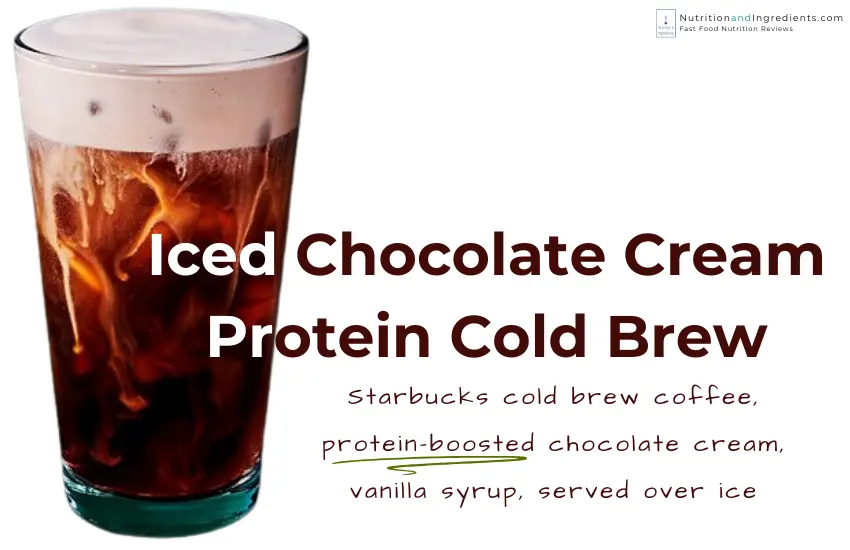 Starbucks iced chocolate cream protein cold brew with text description of what's in drink.