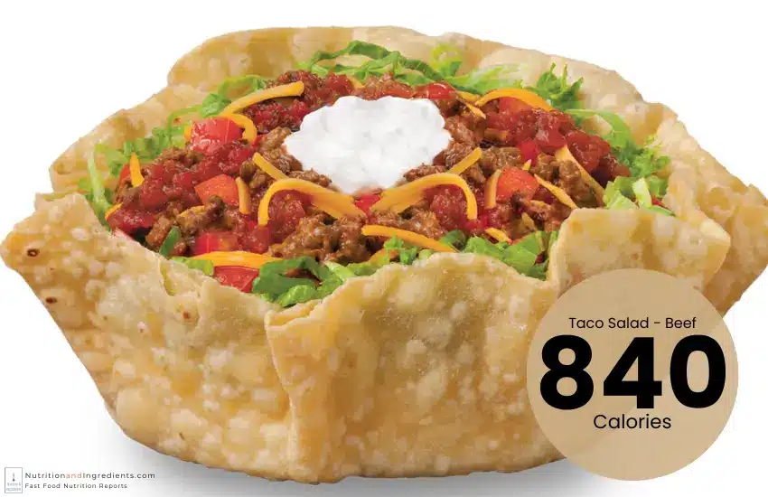 Beef taco salad from Taco John's with text "840 calories."