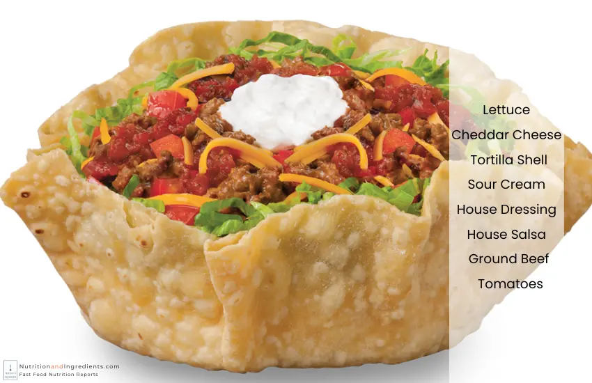 Taco John's taco salad with text list of ingredients