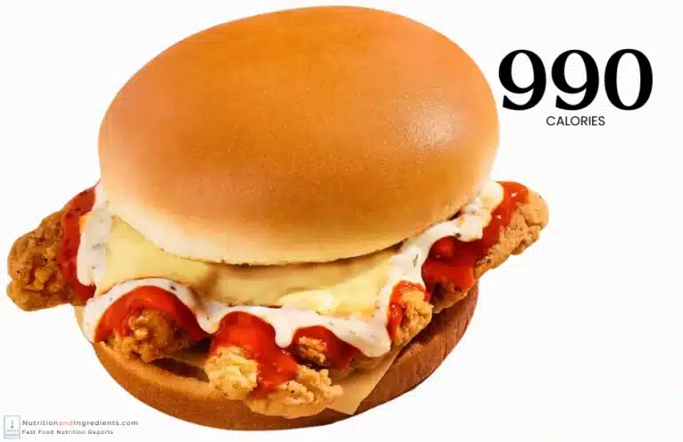 Whataburger Buffalo Ranch Chicken sandwich with text "990 calories."