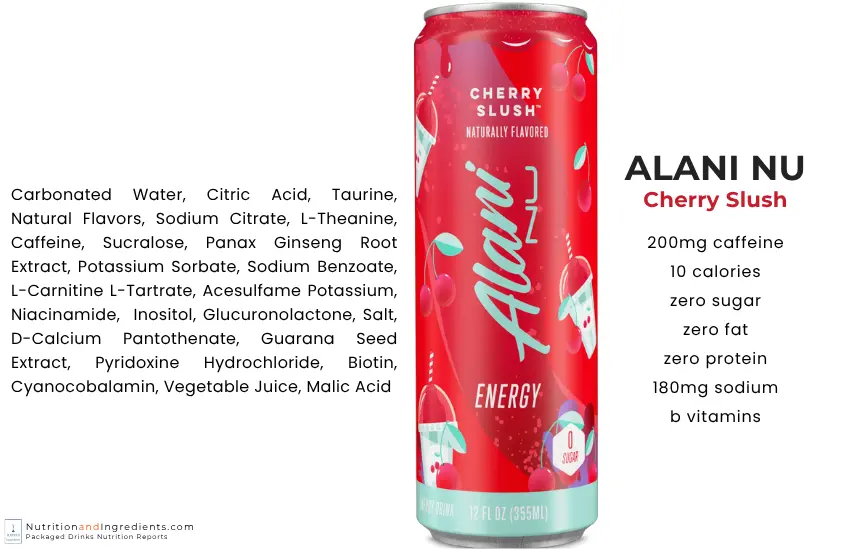 Can of Alani Nu Cherry Slush with text list of ingredients.