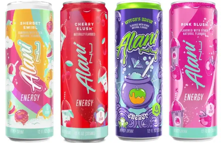 Four cans of Alani Nu energy drink, variety of flavors