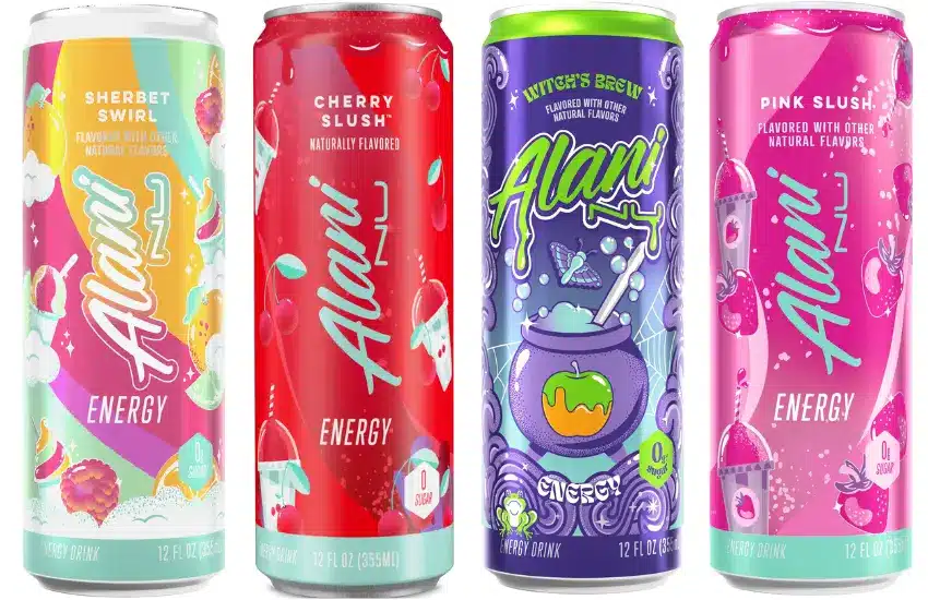Four cans of Alani Nu energy drink, variety of flavors