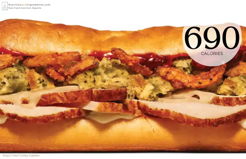 Arby's turkey sub with cranberry and crispy onions with text "690 calories."