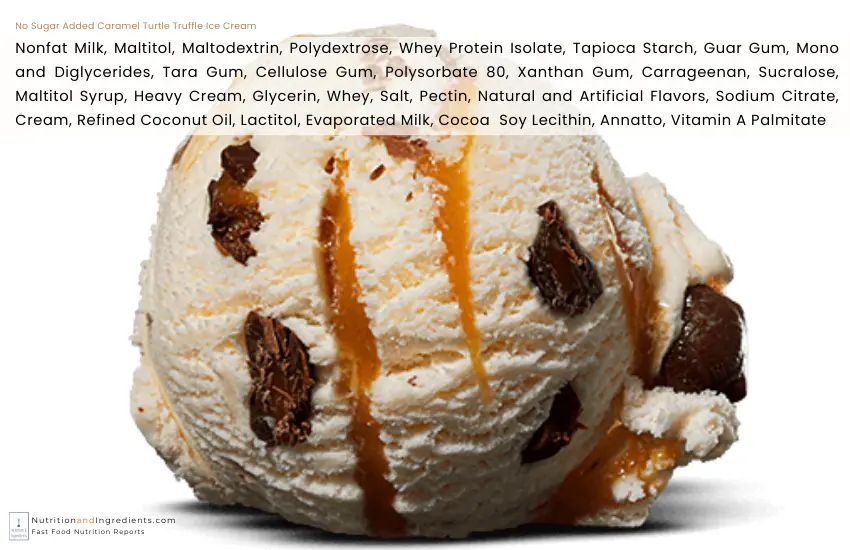 Baskin Robbins Caramel Turtle Truffle Ice Cream with text list of ingredients.