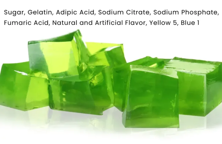Pile of lime flavored Jell-O cubes with text list of ingredients.