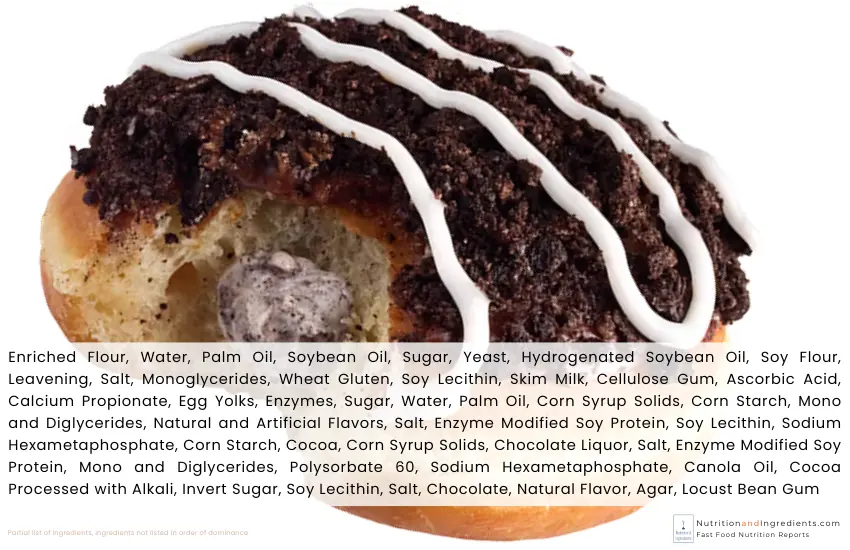 Krispy Kreme Cookies & Kreme filled donut with text list of ingredients