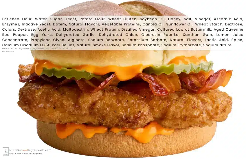 McDonald's crispy chicken sandwich with bacon and buffalo ranch dressing overlaid with text list of ingredients.