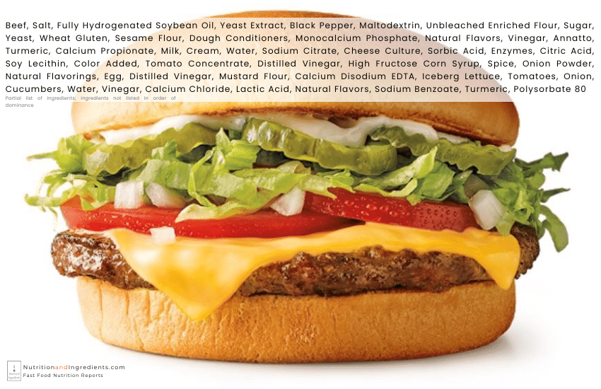 SONIC cheeseburger with text list of ingredients.