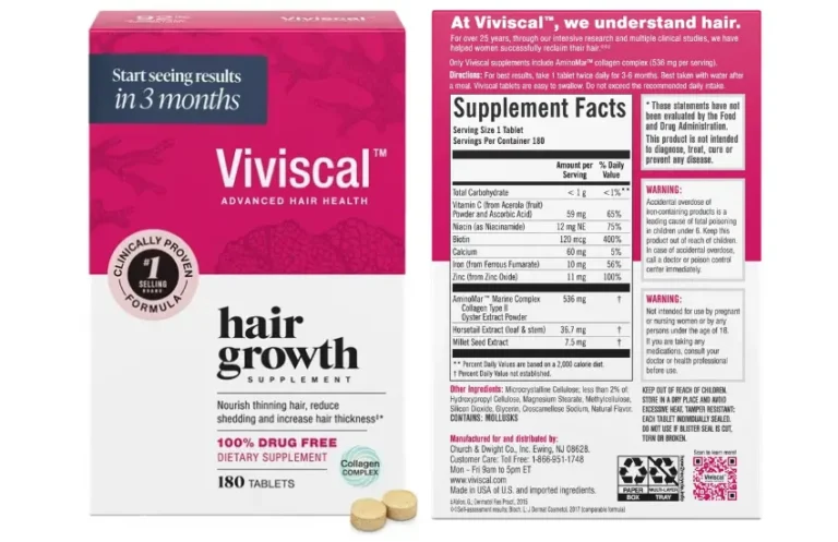 Front and back packaging of Viviscal hair growth supplements.