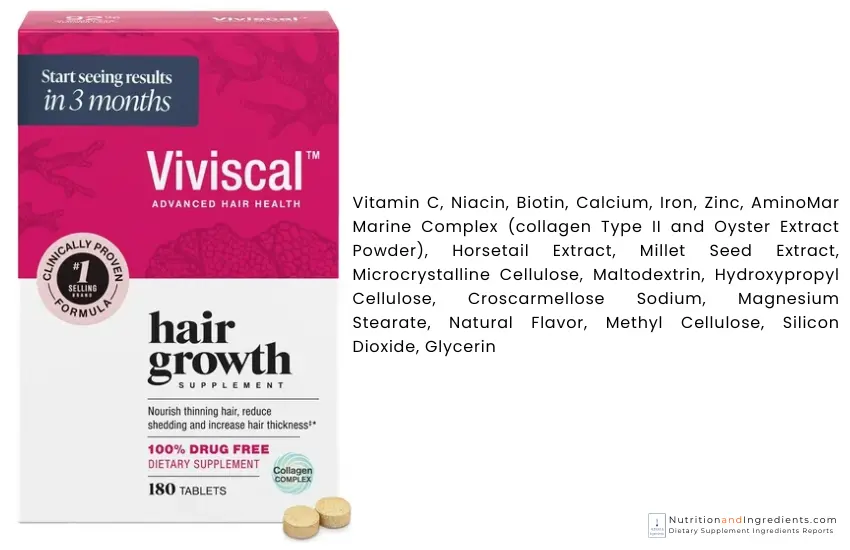 Box of Viviscal hair growth neutraceutical with text list of ingredients.