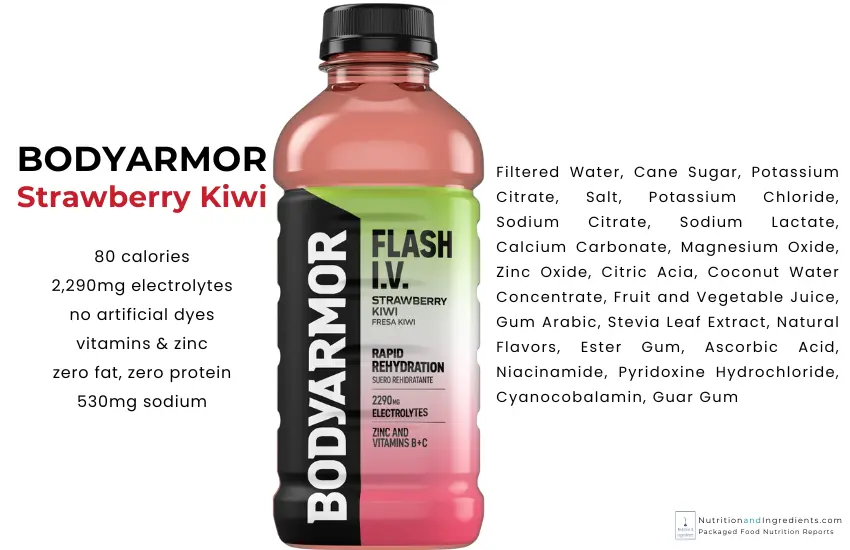 Bodyarmor Flash IV sports drink with text list of ingredients.