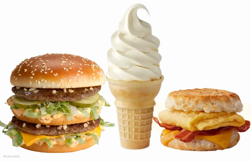 McDonald's Big Mac, breakfast sandwich, and vanilla cone.