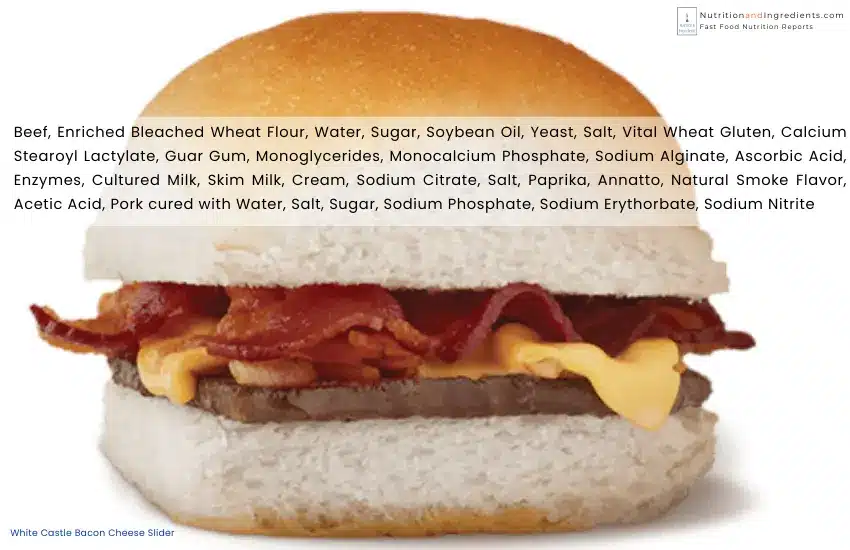 White Castle bacon & cheese slider with text list of ingredients