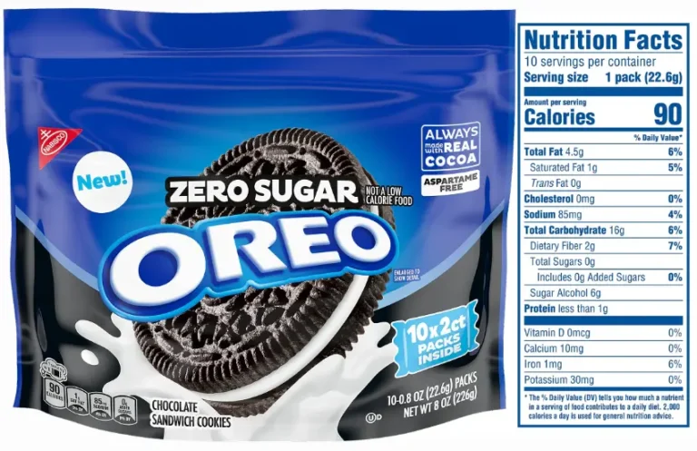 Zero Sugar OREO chocolate sandwich cookies with nutrition facts label.