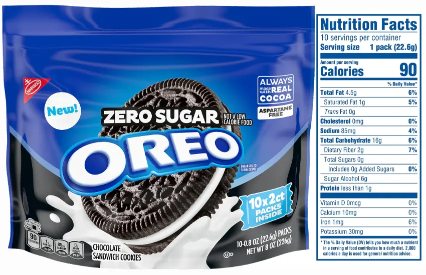 Zero Sugar OREO chocolate sandwich cookies with nutrition facts label.