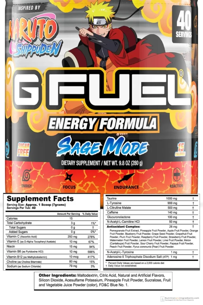 Container of G Fuel energy drink mix with copy of supplement facts label