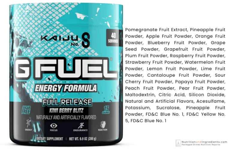 Tub of G Fuel Energy powder in Kiwi Watermelon flavor with text list of ingredients