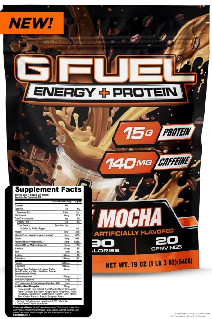 Bag of G Fuel Energy + Protein powder mix with inlay copy of supplement facts.