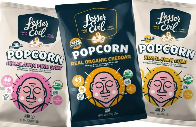 Three bags of LesserEvil organic popcorn.