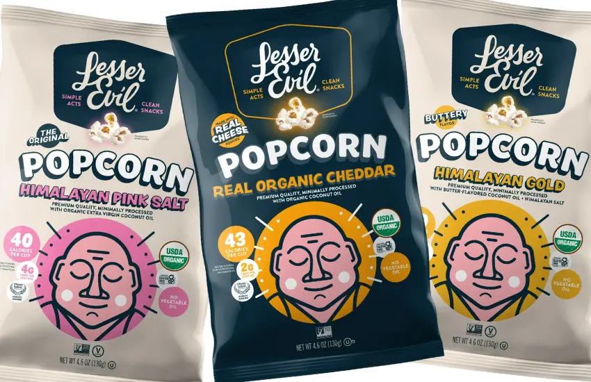 Three bags of LesserEvil organic popcorn.