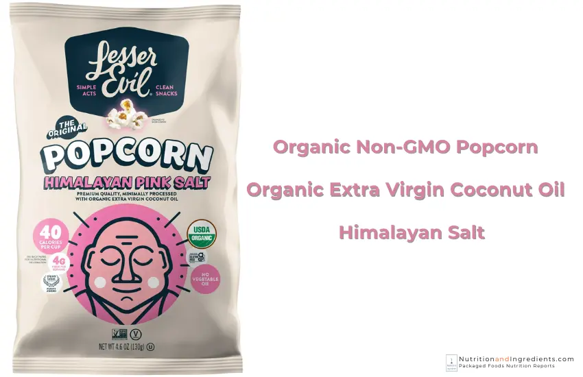 Bag of LesserEvil Himalayan Pink Popcorn with text list of ingredients.