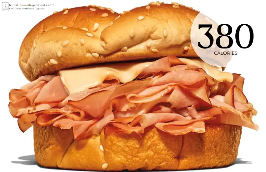 Arby's Ham & Swiss Melt with text "380 calories."